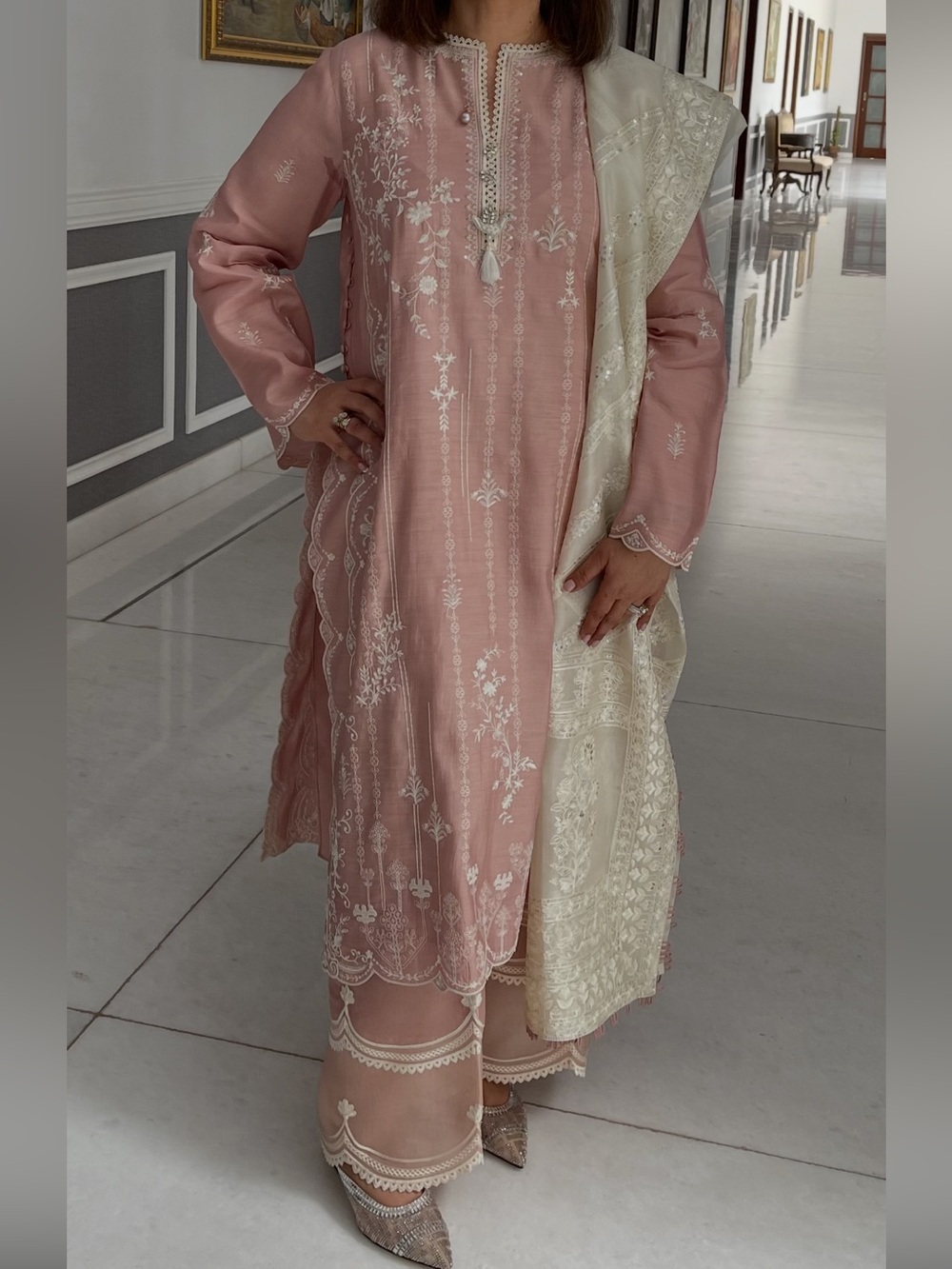 Elegant Pink Long-Sleeve Embroidered Dress with Ivory Dupatta